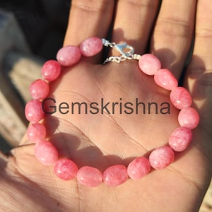Handmade Pink Jade Nugget Bracelet | Natural Gemstone Beaded Jewelry | Sterling Silver Clasp | Minimalist Stacking Bracelet Gift