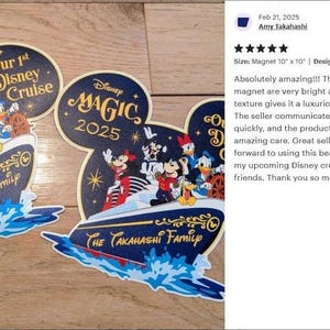Op de afbeelding: Twee magneten in de vorm van Mickey Mouse met een donkerblauw cruiseschip en Disney-figuren, waaronder Mickey, Minnie en Donald Duck. De tekst luidt Our 1st Disney Cruise, Disney Magic 2025 en The Kurihara Family of The Takahashi Family.