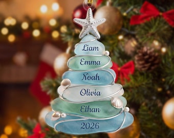 Custom Sea Glass Tree 2026 Ornament, Beach Family Christmas Decor, Personalized Coastal Keepsake, Grandkids Gift Up To 13 Names