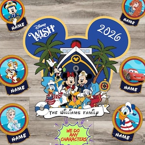 Puede incluir: Un diseño temático de Disney con orejas de Mickey Mouse, un crucero y varios personajes de Disney. El diseño incluye el texto "Disney Wish" y "2026", retratos de personajes y el texto "We Do Any Characters".