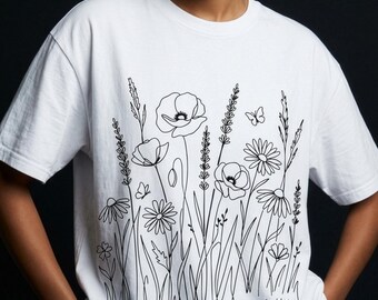 Camiseta con estampado floral de flores silvestres, regalo para el Día de la Madre, camiseta con diseño botánico lineal, camiseta con estampado floral estilo cottagecore, regalo de primavera para ella.