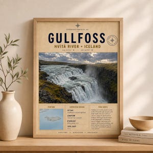 Könnte beinhalten: Ein gerahmter Kunstdruck mit dem Titel GULLFOSS HVÍTÁ RIVER ICELAND, der ein Foto eines großen Wasserfalls, eine Karte von Island sowie Text mit Expeditionsdaten, Feldnotizen und Koordinaten in einem Vintage-Layout zeigt.