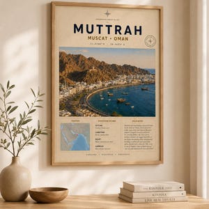 Könnte beinhalten: Ein gerahmter Kunstdruck mit dem Titel MUTTRAH MUSCAT OMAN, der ein großes Foto einer Küstenstadt mit Bergen und einer Bucht, eine kleine Karte der Region und einen Abschnitt mit Feldnotizen auf einem hellbeigen Hintergrund zeigt.