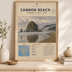 Könnte beinhalten: Ein gerahmter Kunstdruck mit dem Titel Cannon Beach Oregon Coast USA, der ein großes Foto des Haystack Rock an einem Sandstrand zeigt, ergänzt durch eine Karte von Nordamerika, Expeditionsdaten und Feldnotizen in beigem und schwarzem Design.