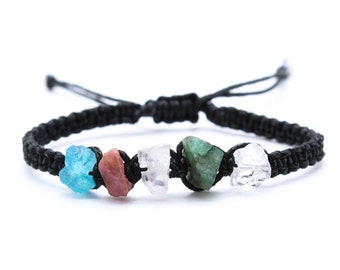 Taurus Raw Gemstone Bracelet - Blue Apatite - Pink Tourmaline - Rose Quartz - Emerald - Clear Quartz