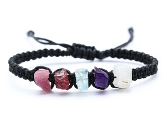 Aquarius Raw Gemstone Bracelet - Pink Tourmaline - Garnet - Aquamarine - Amethyst - Moonstone