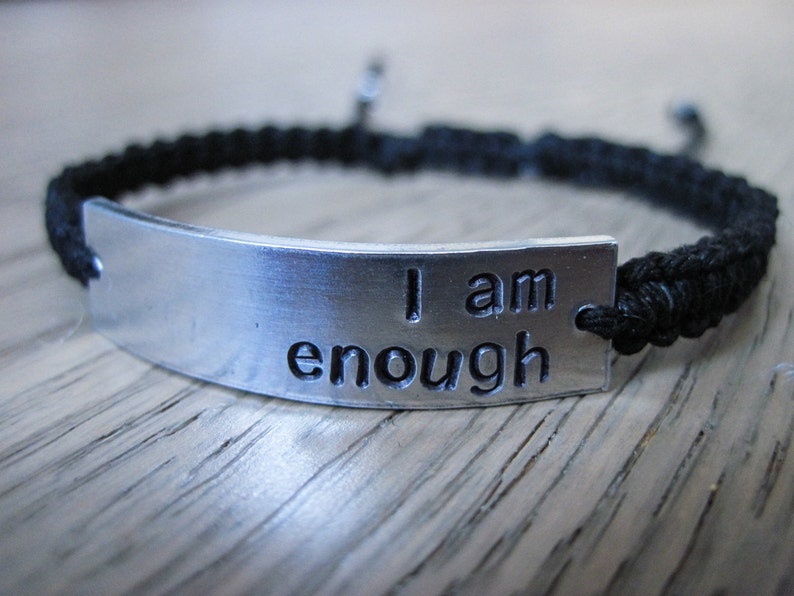 Gift for Friend Motivational Bracelet Inspirational Bracelet I am Enough Bracelet Handstamped Bracelet Hemp Bracelet