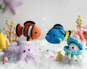 Schema all'uncinetto senza cuciture "Oceano" quattro in uno, schemi all'uncinetto amigurumi senza cuciture: Dory, pesce chirurgo blu, Nemo, pesce pagliaccio, cozza, razza