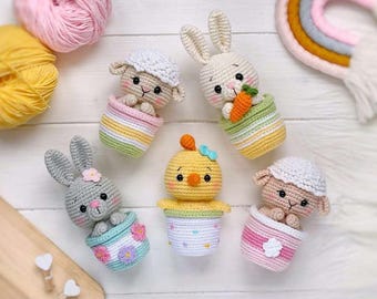 Amigurumi Ostertiere in Töpfen Hase, Schaf, Küken. Osterdeko PDF einfache Häkelanleitung, Amigurumi und Rasseln
