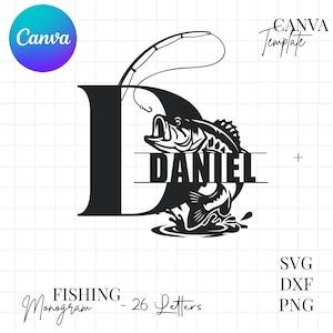 Fishing Monogram SVG Bundle | Personalized Split Letter Alphabet A-Z Canva Template | Bass Fish Monogram Cricut Silhouette Digital Download