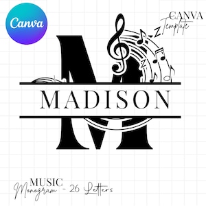 以下が含まれることがあります： 黒と白の音楽モノグラムデザイン。名前「MADISON」が大きな文字「M」の中に表示され、音部記号と音符がデザインに組み込まれています。「MUSIC Monogram - 26 Letters」というテキストも含まれています。
