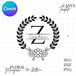 May include: A black and white digital graphic design featuring a large letter Z with a horizontal line through the center containing the name Zayden in script font. The letter is framed by a laurel wreath and three flowers at the bottom.