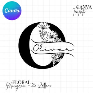 Floral Banner Monogram Svg Png Dxf + Canva Template | Circle Letter Ribbon Wildflower | Cricut Cut File | Nursery Name Svg | Wedding Gift