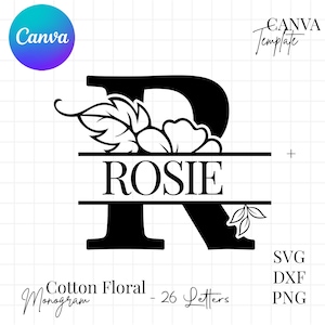 Op de afbeelding: Een zwart-witte digitale afbeelding met een grote letter R met een bloemmotief en een horizontale splitsing met de naam ROSIE. De afbeelding bevat de tekst Canva Template, Cotton Floral Monogram - 26 Letters, SVG, DXF en PNG.