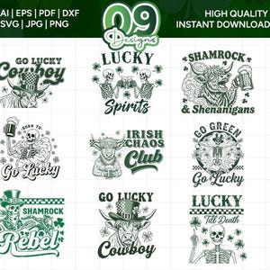 Puede incluir: Una colección de diseños gráficos con temática del Día de San Patricio en negro y verde. Los diseños incluyen ilustraciones de un esqueleto, un toro y tréboles, con textos como "Go Lucky Cowboy", "Lucky Spirits" y "Shamrock & Shenanigans".