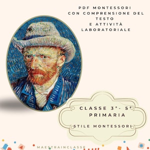 Può includere: Una copertina di libro con un ritratto di Vincent Van Gogh in una cornice ovale. Il testo include "Vincent Van Gogh Libricino in Corsivo" e dettagli su un PDF Montessori.