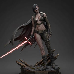 Puede incluir: Figura detallada de un personaje femenino con un atuendo futurista, sosteniendo un sable de luz rojo. La figura está posada sobre una base detallada con un fondo oscuro. El personaje lleva un atuendo oscuro con una capa.
