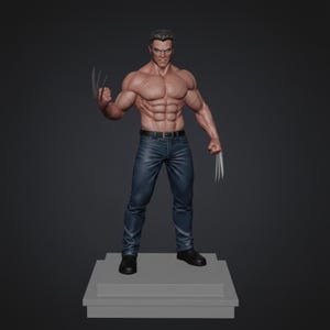 May include: A muscular figure of a man with short, dark hair, wearing blue jeans, a black belt, and black shoes. The figure is holding metal claws in each hand. The figure is standing on a gray platform.