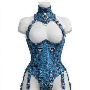 Real Leather Overbust Corset: Steel Boned, Lace-Up Front - Python Corset