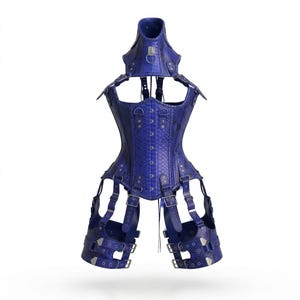 May include: A deep blue corset with a textured snakeskin pattern, featuring a high neck collar with a metal ring, silver-toned eyelets, vertical front busk closures, and integrated leg harness straps with adjustable buckles and metal hardware.