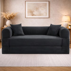 May include: A dark gray velvet sofa with two matching throw pillows. The sofa has a low profile and rounded arms with a rectangular pocket on each arm. The sofa sits on a light-colored rug.