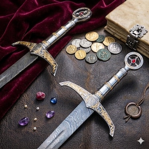 May include: Two decorative swords with silver blades and gold detailing on the hilts and pommels. Each sword has a red gemstone set in the pommel. The swords are displayed with antique coins, gemstones, and a book on a leather surface.