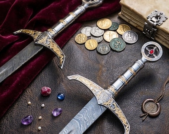 Handmade Damascus Steel Templar Knight Sword – Ornate Medieval Replica with Leather Sheath