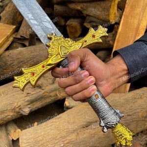 Handmade King Arthur Excalibur sword , Crown Head Merlin sword with Leather Sheath