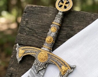 Handgefertigtes Damaststahl Tempelritter Schwert – Mittelalterliches Langschwert mit Lederscheide – Historisches Reenactment