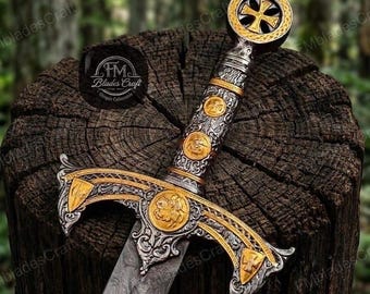 Handmade Damascus Steel Knight Templar Sword – Medieval Crusader Longsword with Leather Sheath – Historical Reenactment