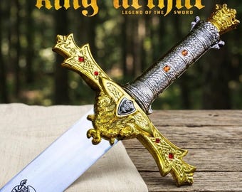Handgefertigtes König Arthur Excalibur Schwert, Crown Head Merlin Schwert mit Lederscheide