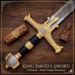 Spada di Re Salomone in acciaio di Damasco realizzata a mano / Pomello a Stella di David - Oggetto da collezione decorativo / Accessorio per cosplay