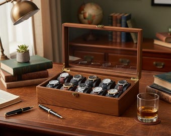 Caja de madera para relojes / Vitrina con 10 compartimentos / Organizador de relojes de lujo