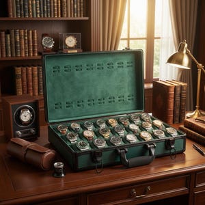 May include: An open green watch case filled with various wristwatches, displayed on a wooden desk. A watch winder, a watch roll, and other watches are also visible. The scene is set in a room with a library and a window.
