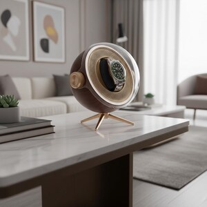 May include: A brown and gold watch winder with a clear, spherical cover. The watch winder has a gold-colored interior and a watch with a green face is visible inside. The winder is supported by three gold-colored legs and sits on a white marble table.