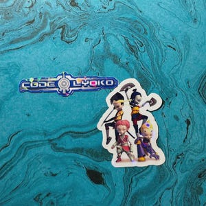 May include: Two stickers featuring characters from the animated series Code Lyoko. One sticker has the show's logo in blue and silver. The other sticker shows four characters in various poses, with a blue and teal background.