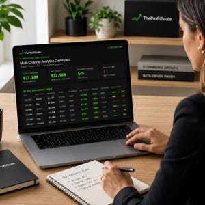 May include: A laptop displaying a multi-channel analytics dashboard with financial data. A woman is working at a desk with a notebook, pen, and a black mug. The ProfitScale logo is visible on the laptop and notebook.