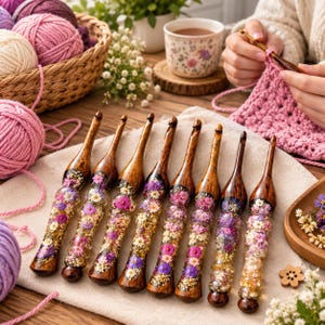 Puede incluir: Un juego de ocho ganchillos con mangos de madera oscura y agarres de resina transparente incrustados con flores secas de colores en tonos rosa, morado, blanco y amarillo, dispuestos en fila sobre una superficie de tela clara.