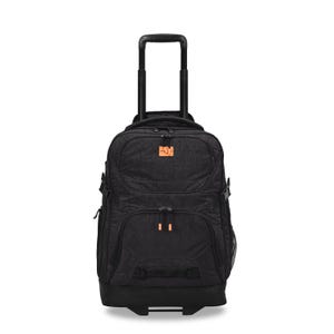 May include: Black rolling backpack with a telescoping handle. The backpack has multiple compartments, orange zipper pulls, and a small orange square logo. The bag is designed for travel and has a textured pattern.
