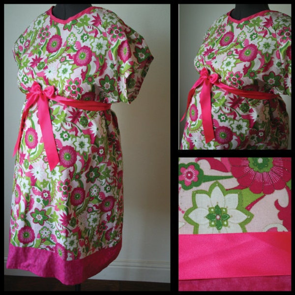 Maternity Hospital Gown -Pink and Green Floral, Gold Sparkle, Pink Trim