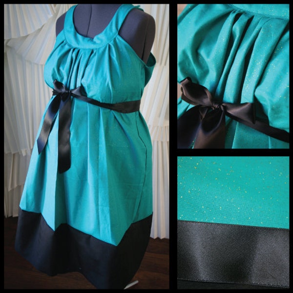 Maternity Hospital Gown- Teal with Gold Sparkle, Black Band (labor and delivery gown)