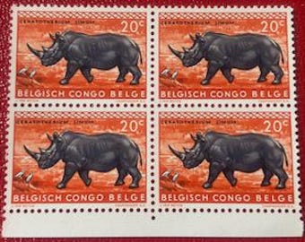 1959 Belgisch Congo Postzegelblok van vier Postzegels Witte Neushoorn 20 Belgische Centime MNH