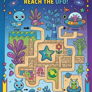 Peut inclure: Un livre de labyrinthe et de coloriage coloré intitulé "Help the Funny Alien Reach the UFO !" avec une chenille bleue, un OVNI et des illustrations sur le thème des extraterrestres. Le livre mesure 15,24 x 22,86 cm, pour les enfants de 4 à 8 ans.