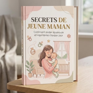 Puede incluir: Un libro titulado "SECRETS DE JEUNE MAMAN" sobre una mesa de madera. La portada presenta una ilustración de una madre y su bebé, con texto en francés. El lomo del libro también muestra el título. Colores suaves e ilustraciones de artículos para bebés.