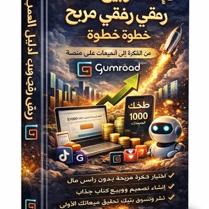 Puede incluir: Portada de libro con texto en árabe y un cohete lanzándose. La portada promociona la creación y venta de libros en Gumroad. Presenta un portátil, un smartphone y un robot, con texto en árabe e inglés, y una pila de monedas de oro.