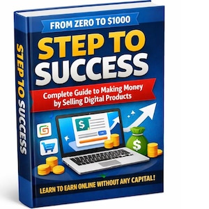 Peut inclure: Couverture de livre avec le titre "STEP TO SUCCESS" en grandes lettres jaunes. La couverture présente un ordinateur portable avec un symbole dollar sur l'écran, des pièces de monnaie et un sac d'argent. Le sous-titre est "Complete Guide to Making Money by Selling Digital Products."