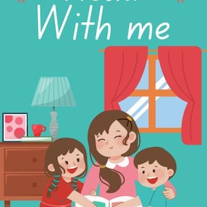Peut inclure: Illustration d'une famille lisant ensemble. Une femme et deux enfants sont rassemblés autour d'un livre ouvert. Le texte "Read With Me" est affiché au-dessus d'eux. L'arrière-plan comprend une fenêtre avec des rideaux rouges et une lampe.