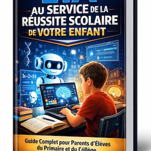以下が含まれることがあります： 「L'IA AU SERVICE DE LA RÉUSSITE SCOLAIRE DE VOTRE ENFANT」というタイトルの本の表紙。表紙には、ロボットと脳のグラフィックを使ってラップトップを使用している子供が描かれています。「Guide Complet pour Parents d'Éléves du Primaire et du Collège」というテキストも表示されています。