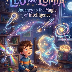 May include: A children's book cover illustration featuring a young boy looking up in wonder. The title reads "Leo and Lumia: Journey to the Magic of Intelligence." A glowing spirit, a magnifying glass, and a starry night sky are also depicted.