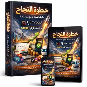 May include: An image of a book, tablet, and smartphone with the title "Khutwa Al-Najah" in Arabic. The book and tablet display a rocket launching, a laptop, and a smartphone with a $1000 graphic. The Gumroad logo is also visible.